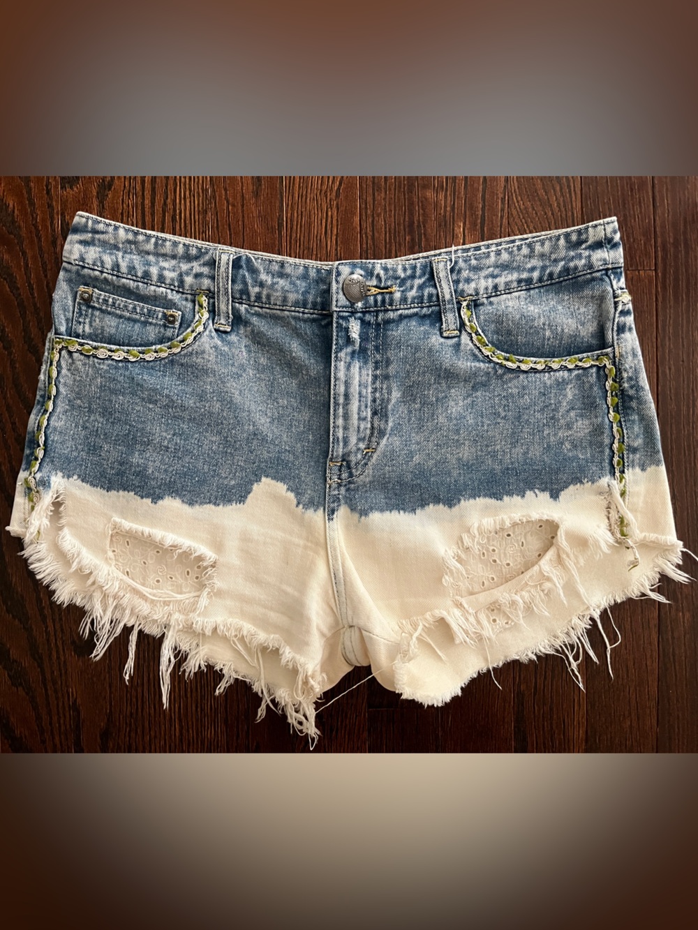 Free People Two-Tone Distressed Denim Shorts — Blue and White